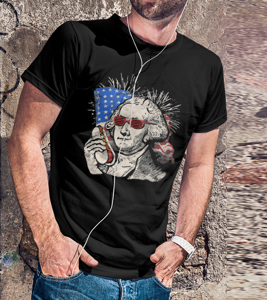 4th Of July USA Flag George Washington Sunglasses Hotdog T-Shirt