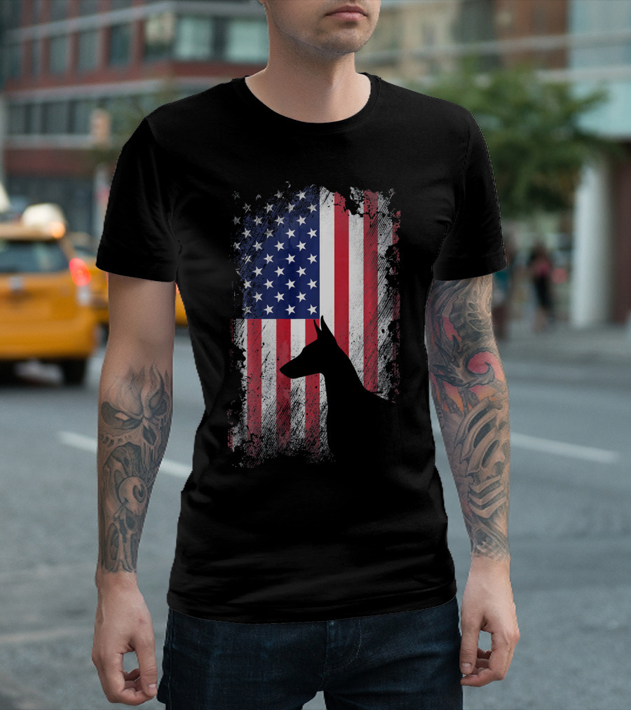 Doberman Pinscher Silhouette With American Flag Background T-Shirt