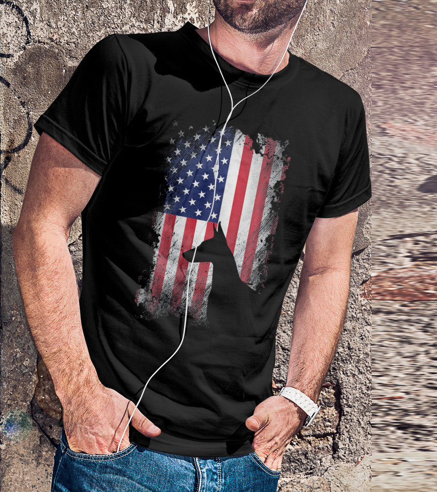 Doberman Pinscher Silhouette With American Flag Background T-Shirt