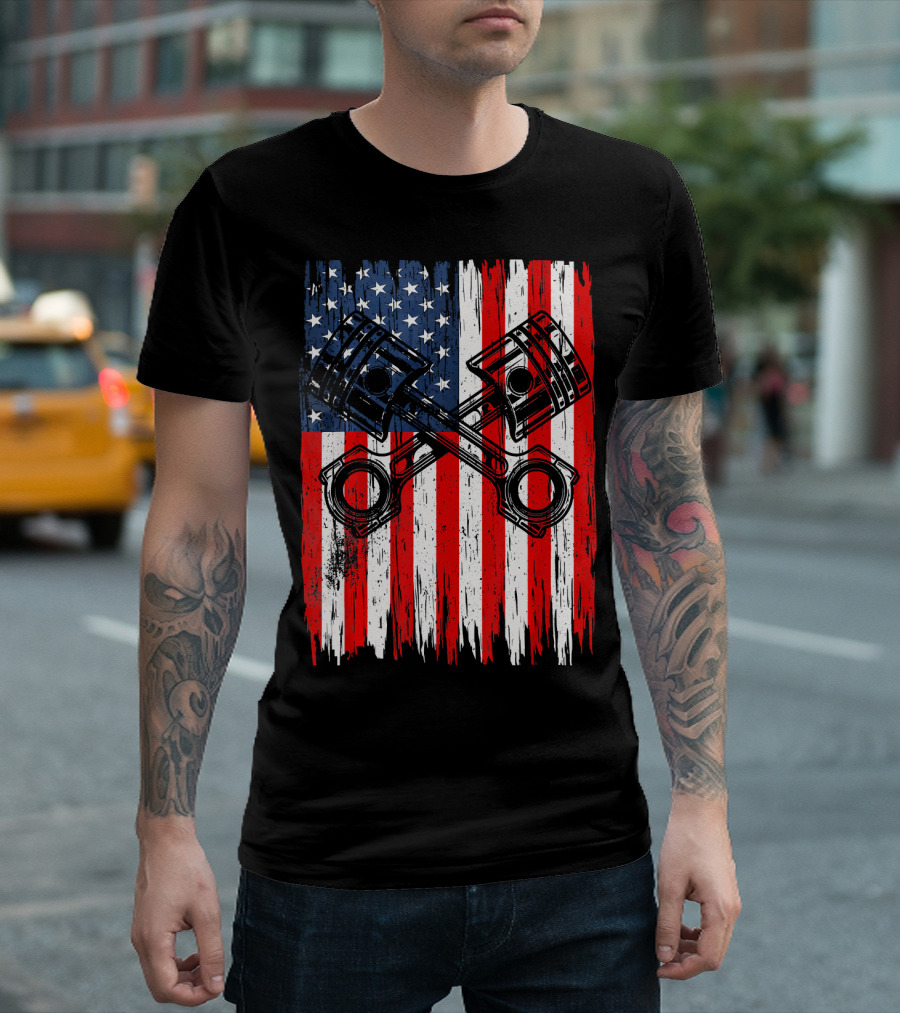 Mechanic 4th of July USA American Patriotic Piston Flag T-Shirt