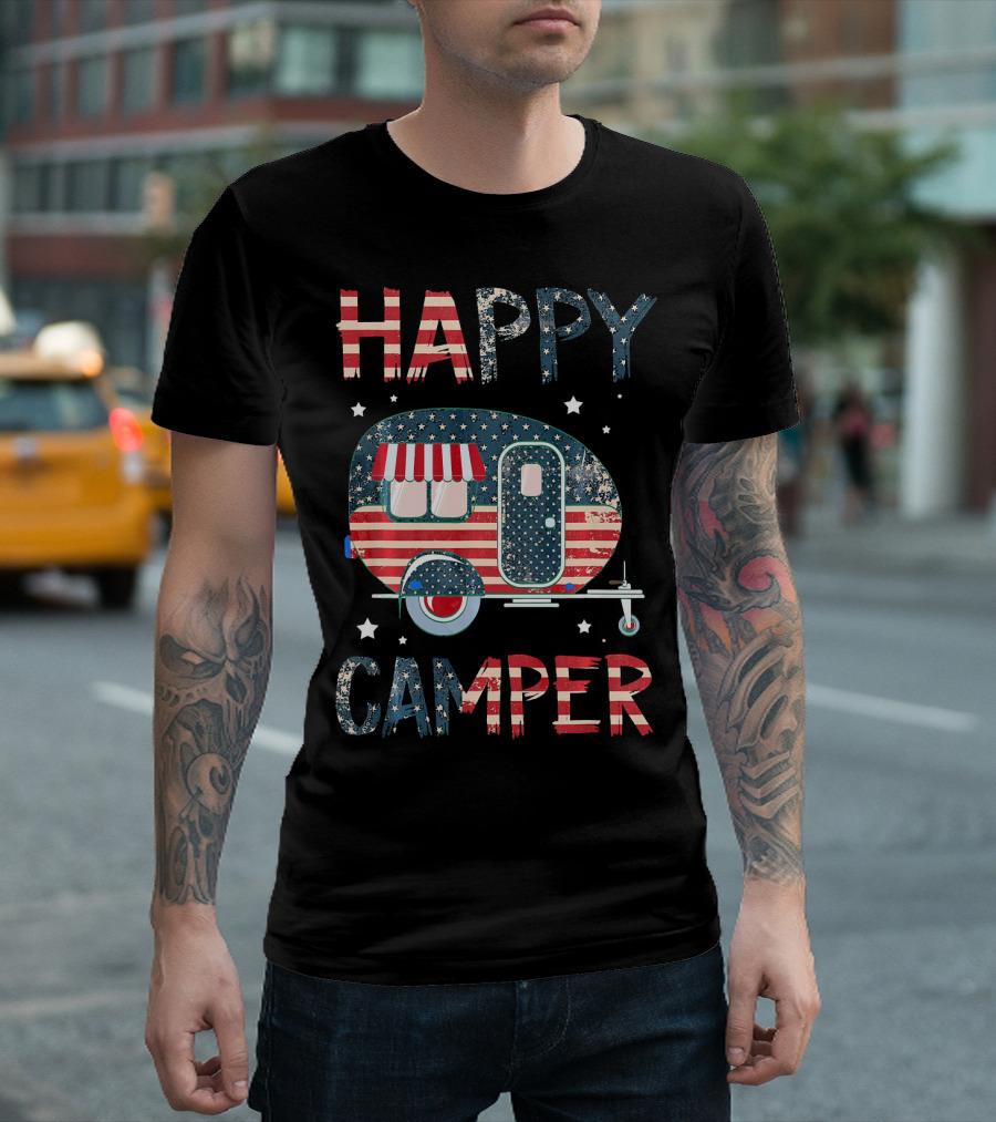 Happy Camper Stars and Stripes American Flag Patriotic T-Shirt