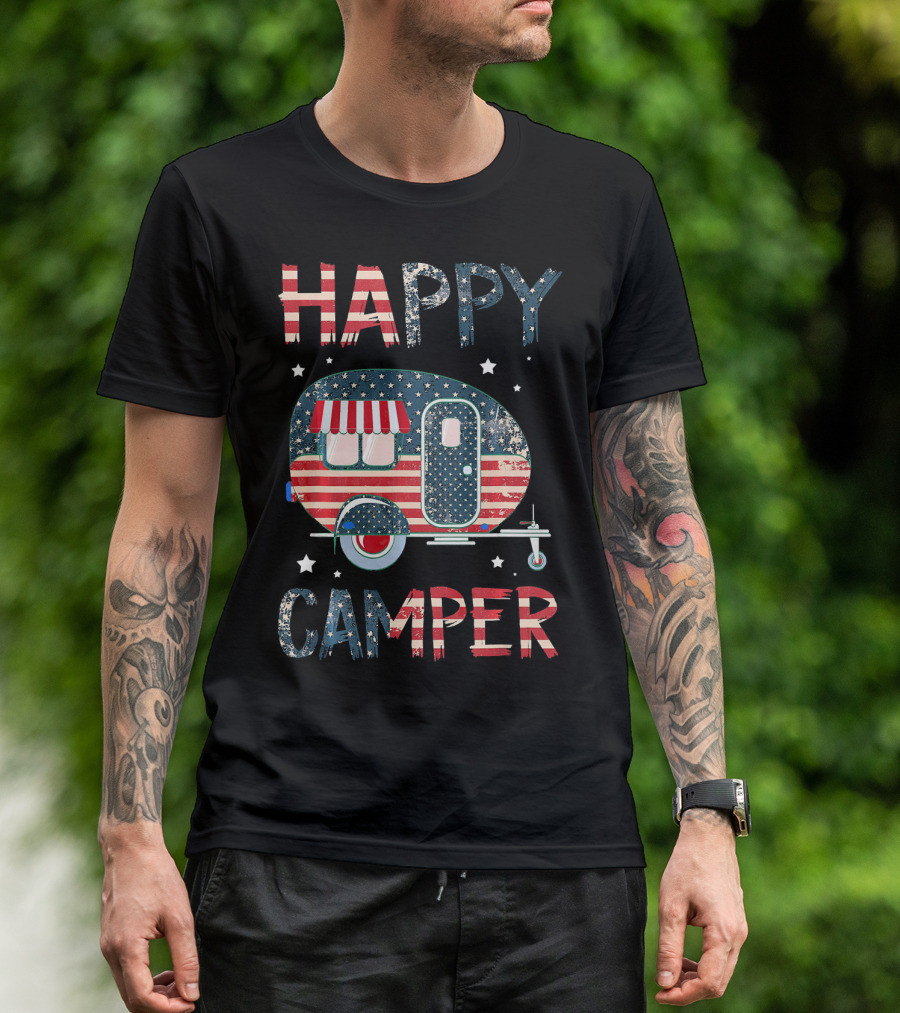 Happy Camper Stars And Stripes American Flag Patriotic T-Shirt