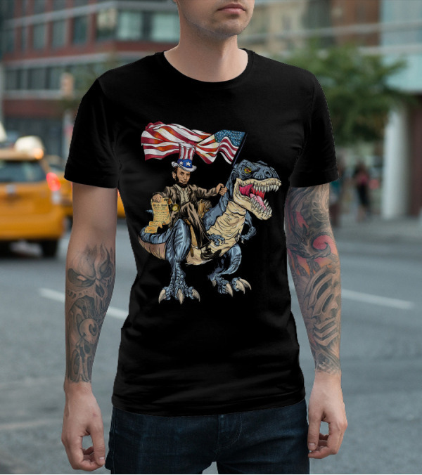 Abe Lincoln Riding Dinosaur With American Flag And Declaration T-Shirt