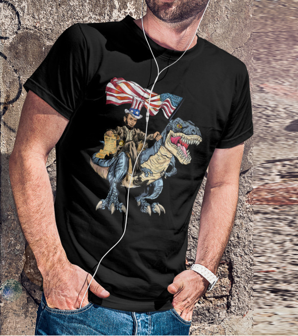 Abe Lincoln Riding Dinosaur With American Flag And Declaration T-Shirt