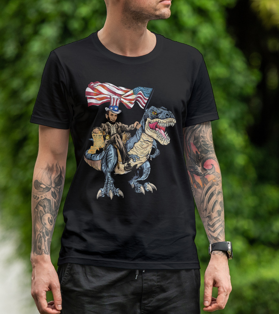 Abe Lincoln Riding Dinosaur With American Flag And Declaration T-Shirt