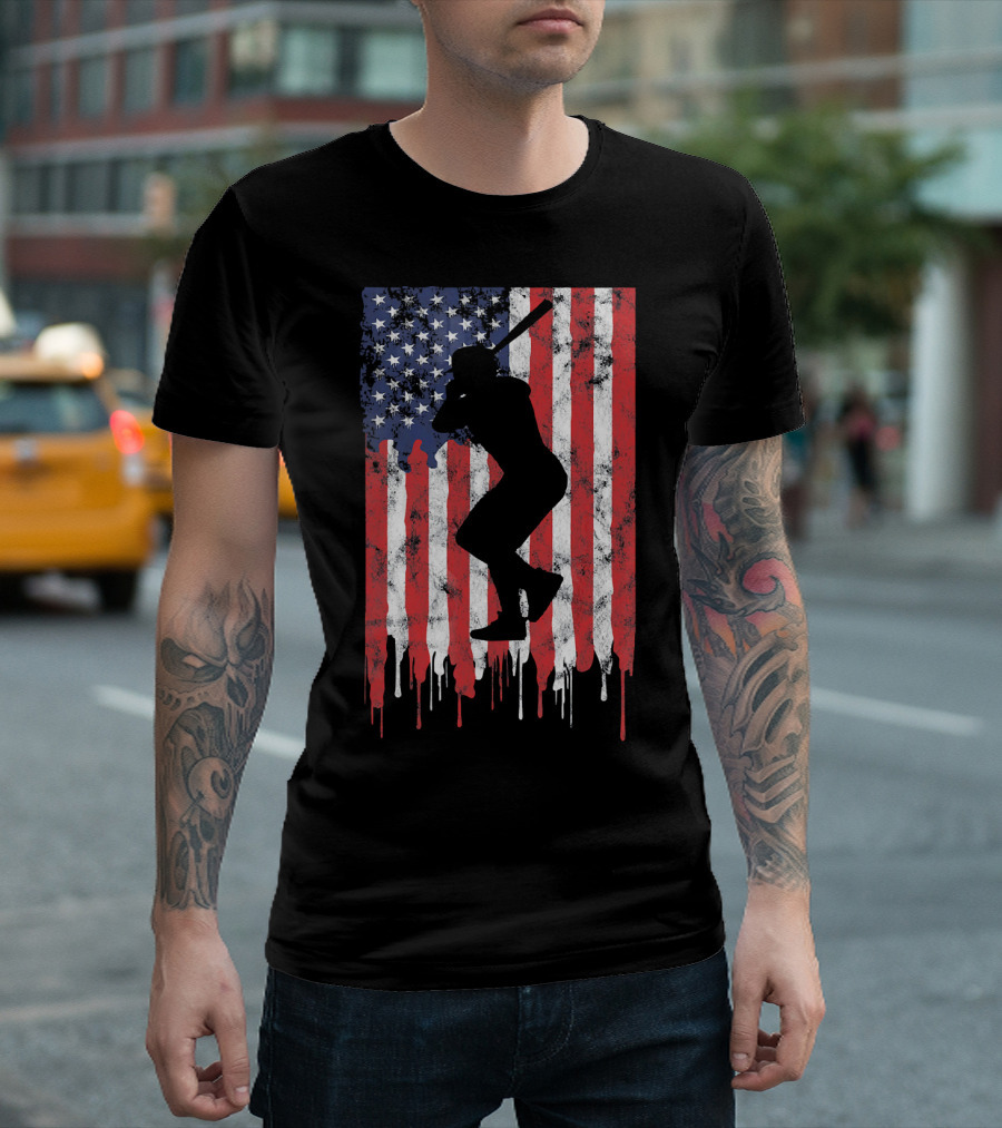 Vintage Baseball Batter Silhouette on Dripping American Flag Background T-Shirt
