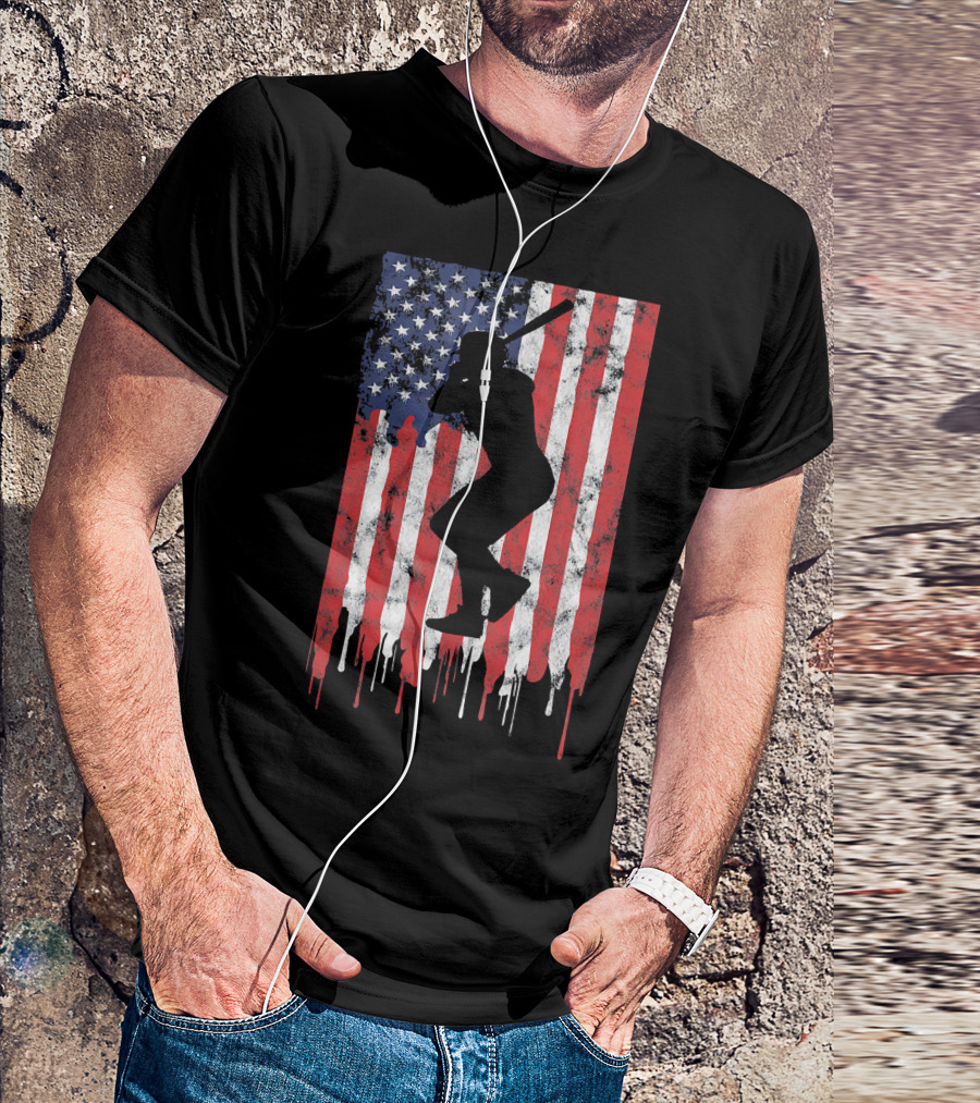 Vintage Baseball Batter Silhouette On Dripping American Flag Background T-Shirt