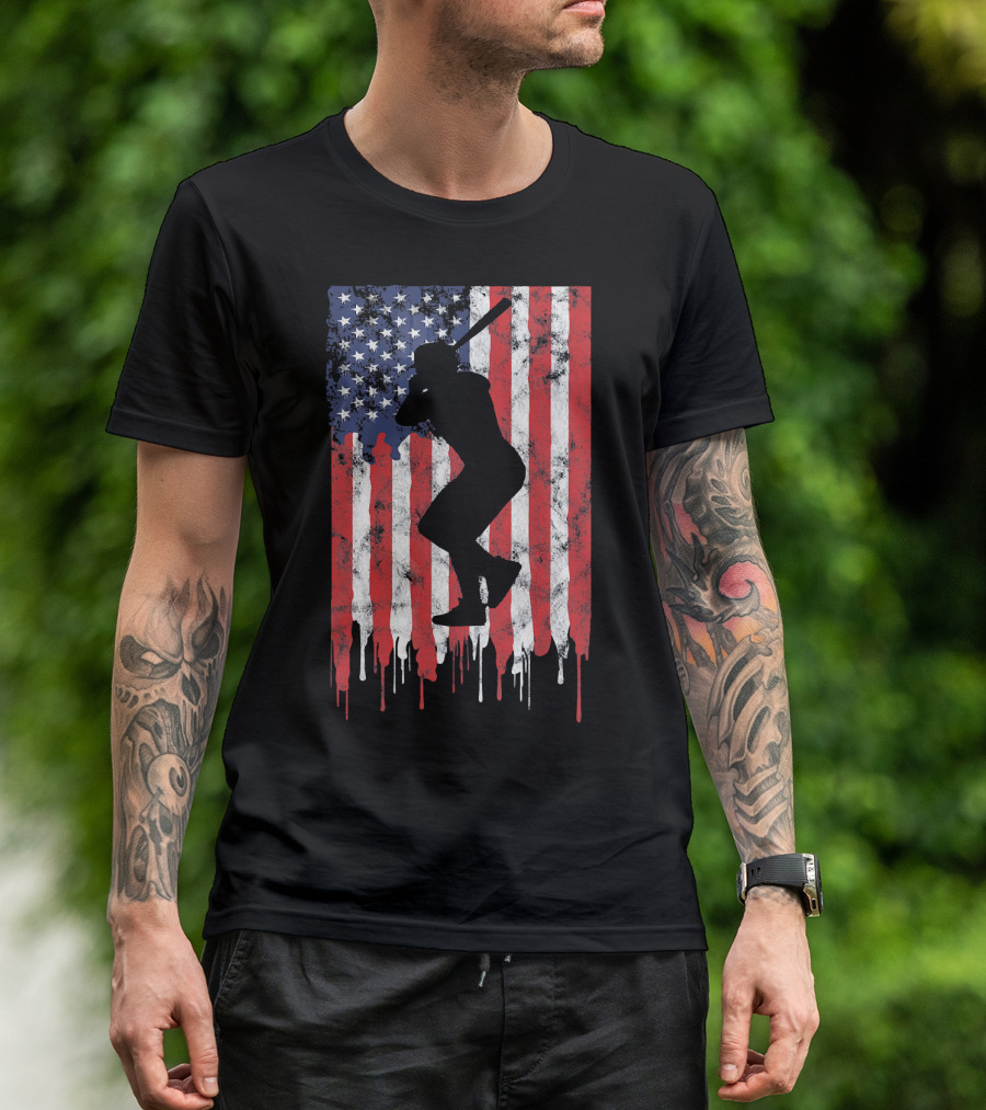 Vintage Baseball Batter Silhouette On Dripping American Flag Background T-Shirt