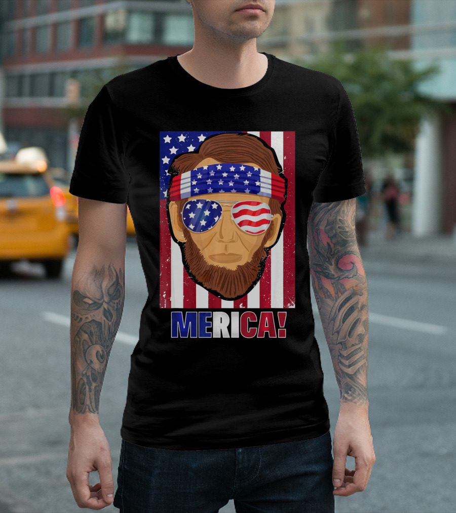 Merica Lincoln USA 4th Of July American Flag Bandana Sunglasses T-Shirt