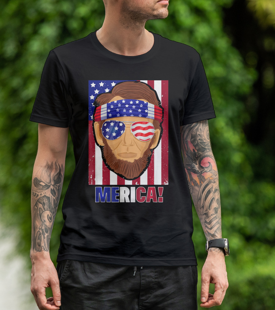 Merica Lincoln USA 4th Of July American Flag Bandana Sunglasses T-Shirt