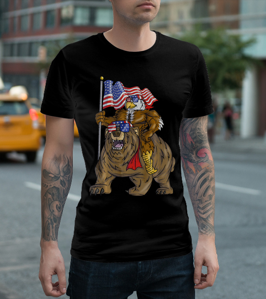American Flag-Waving Bald Eagle Riding Bear with Sunglasses T-Shirt