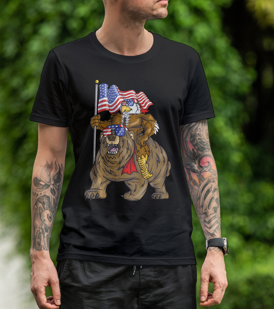 American Flag-Waving Bald Eagle Riding Bear With Sunglasses T-Shirt