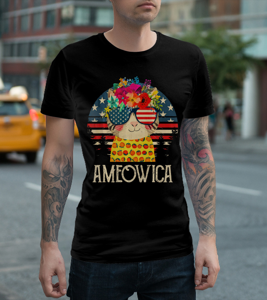 Ameowica Cute Cat with American Flag Glasses and Floral Crown T-Shirt