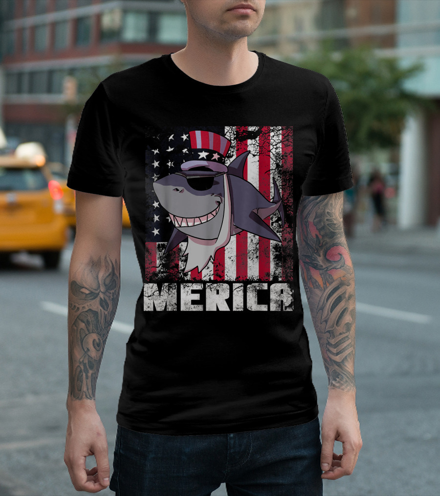 Merica Shark USA American Flag Uncle Sam 4th Of July T-Shirt