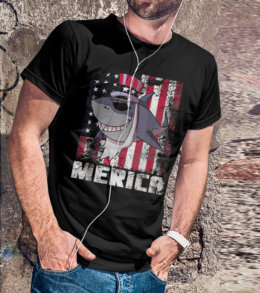 Merica Shark USA American Flag Uncle Sam 4th Of July T-Shirt
