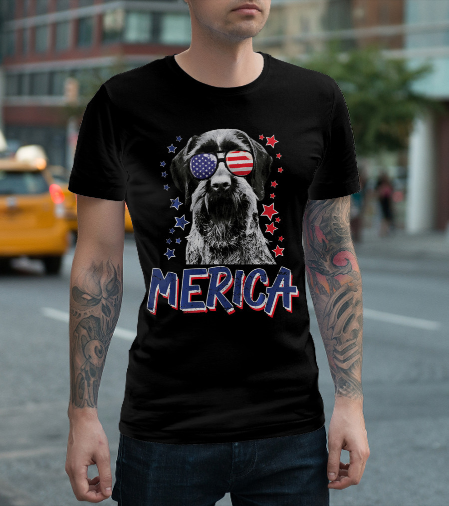 Merica German Wirehaired Pointer Dog with American Flag Sunglasses and Stars T-Shirt