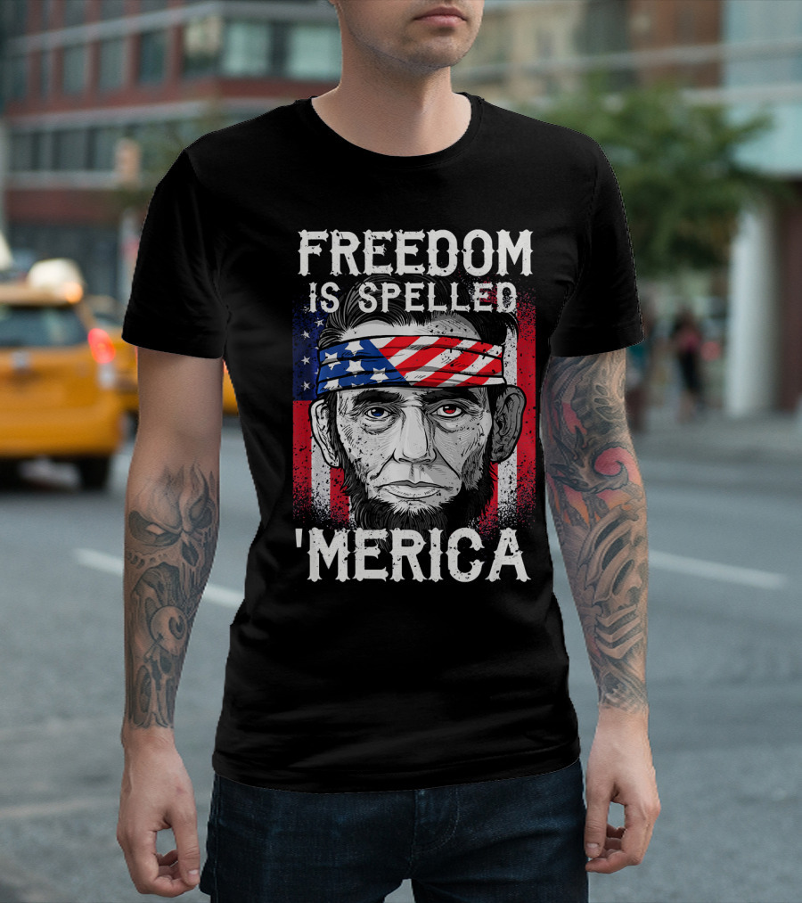 FREEDOM IS SPELLED 'MERICA Abe Lincoln Bandana American Flag T-Shirt