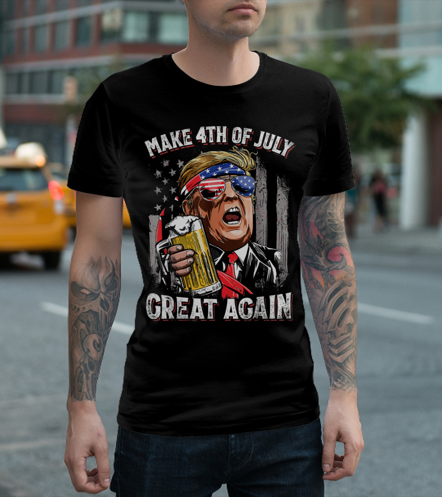 Make 4th Of July Great Again Trump With Beer And American Flag Glasses T-Shirt