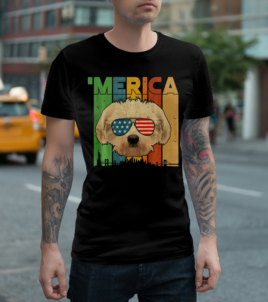 Maltese with American Flag Sunglasses and Merica July 4th Retro Skyline T-Shirt