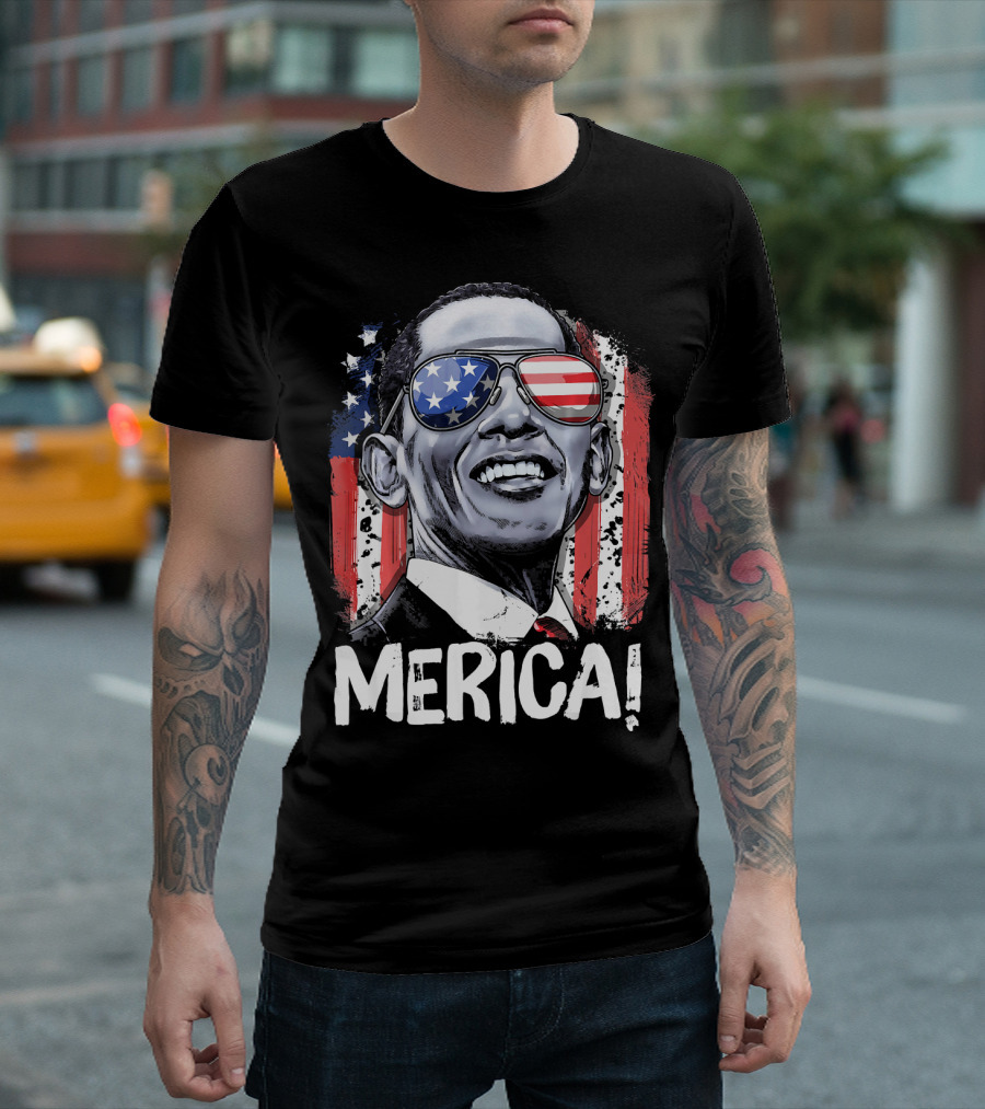MERICA Barack Obama 44th Pres 4th Of July USA Flag Glasses T-Shirt