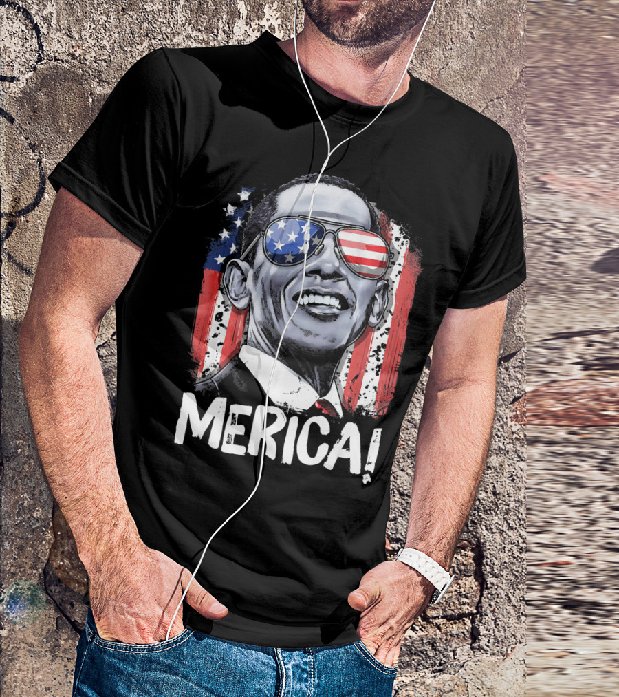 MERICA Barack Obama 44th Pres 4th Of July USA Flag Glasses T-Shirt