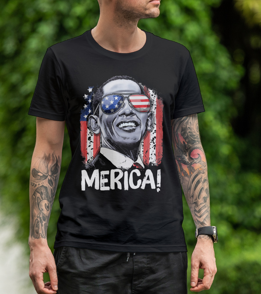 MERICA Barack Obama 44th Pres 4th Of July USA Flag Glasses T-Shirt