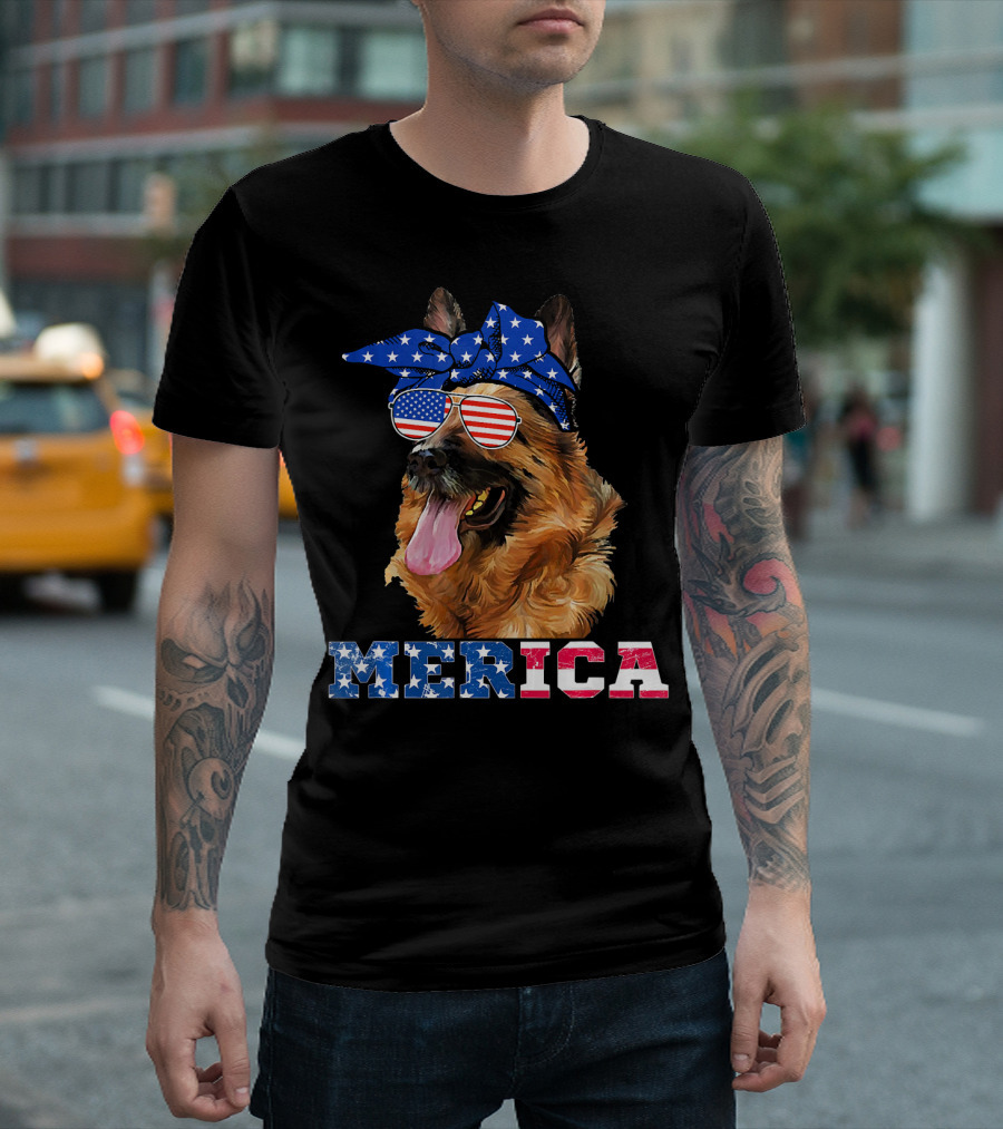 Merica German Shepherd Bandana Sunglasses American Flag T-Shirt