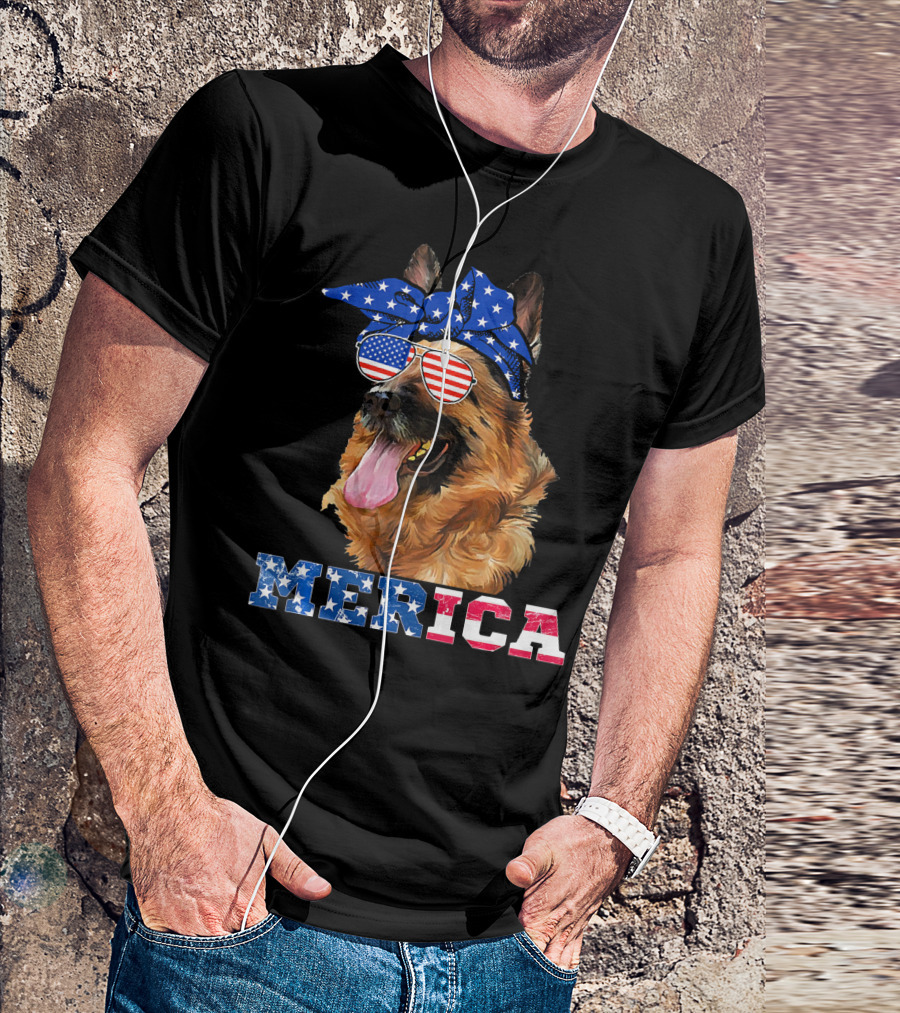 Merica German Shepherd Bandana Sunglasses American Flag T-Shirt