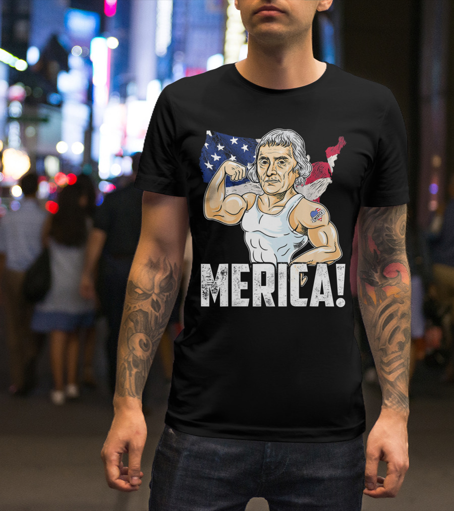 Thomas Jefferson Flexing Muscles Merica USA Flag T-Shirt