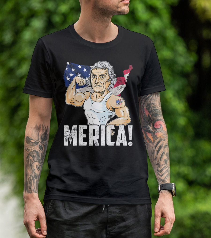 Thomas Jefferson Flexing Muscles Merica USA Flag T-Shirt