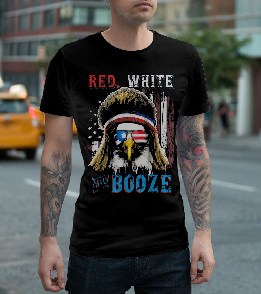Red White and Booze America Flag Eagle with Sunglasses and Headband T-Shirt