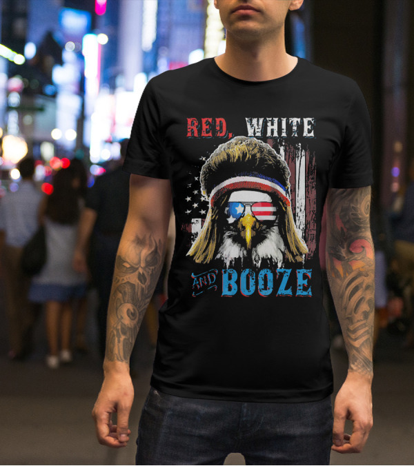 Red White And Booze America Flag Eagle With Sunglasses And Headband T-Shirt