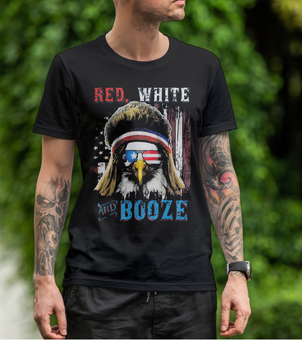 Red White And Booze America Flag Eagle With Sunglasses And Headband T-Shirt