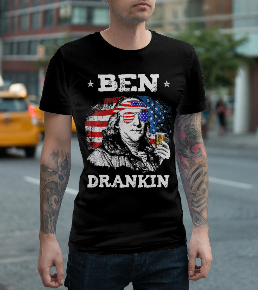 Ben Drankin Benjamin Franklin With American Flag Bandana And Sunglasses T-Shirt