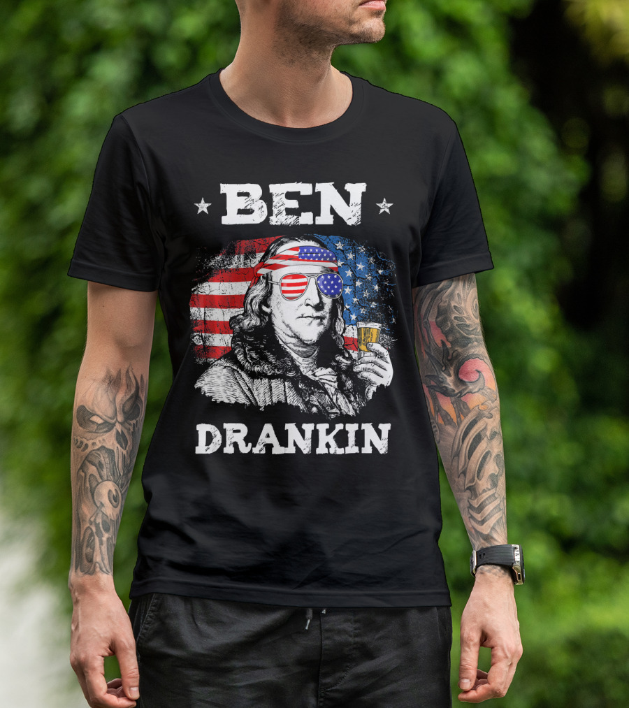 Ben Drankin Benjamin Franklin With American Flag Bandana And Sunglasses T-Shirt