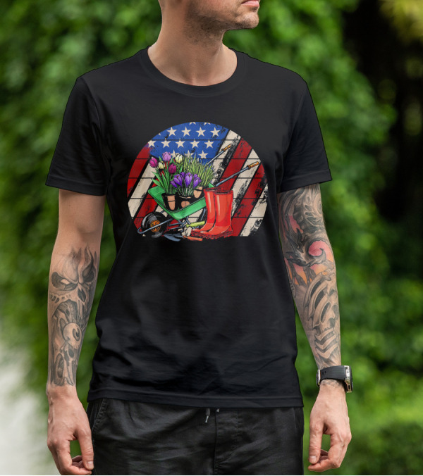 Vintage American Flag Gardening Scene With Wheelbarrow And Red Boots T-Shirt