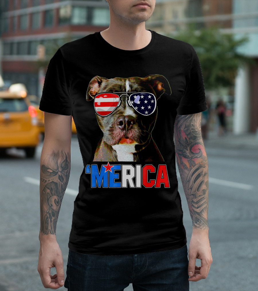 Pitbull 'Merica Memorial Day Patriotic USA Sunglasses T-Shirt