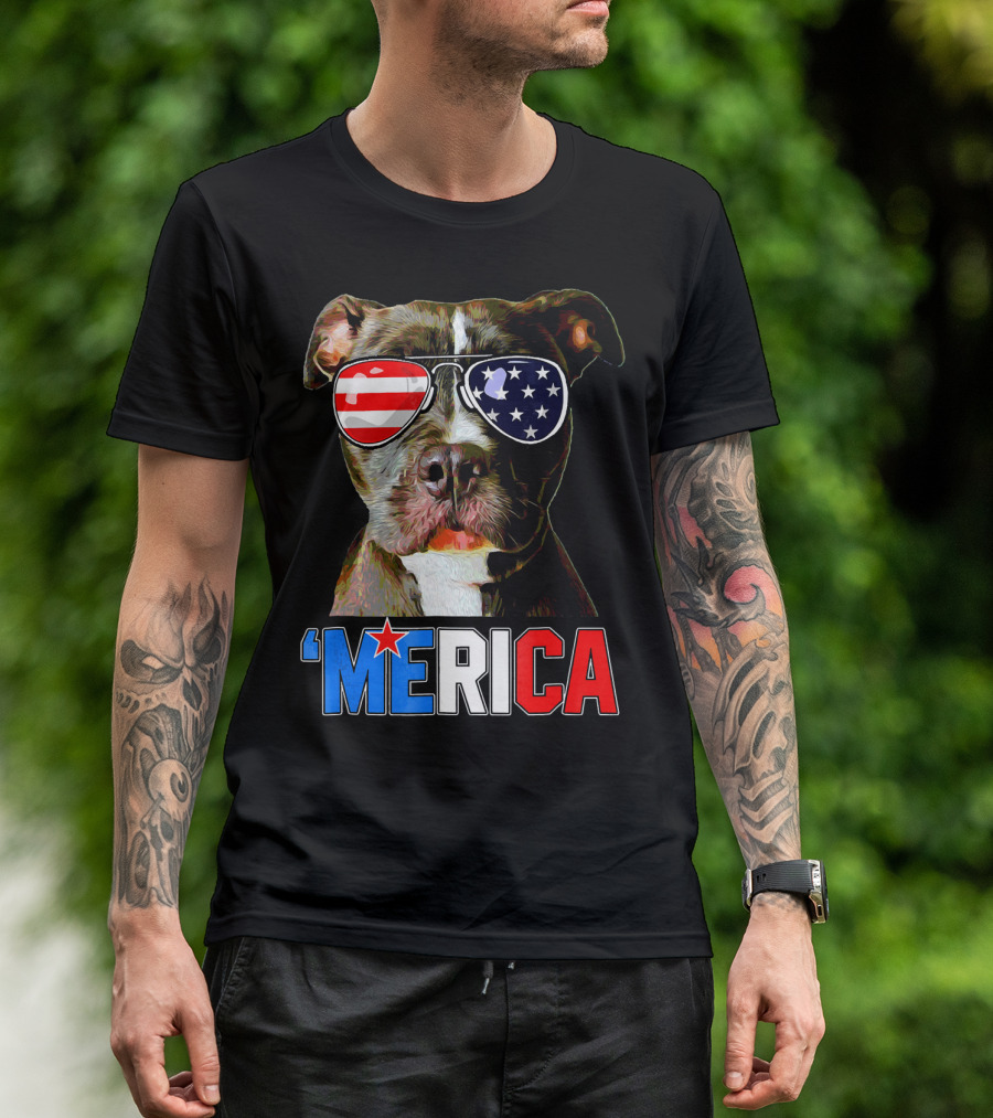 Pitbull 'Merica Memorial Day Patriotic USA Sunglasses T-Shirt