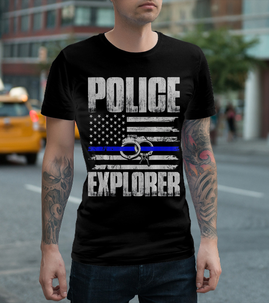 Police Explorer American Flag Handcuffs Thin Blue Line T-Shirt