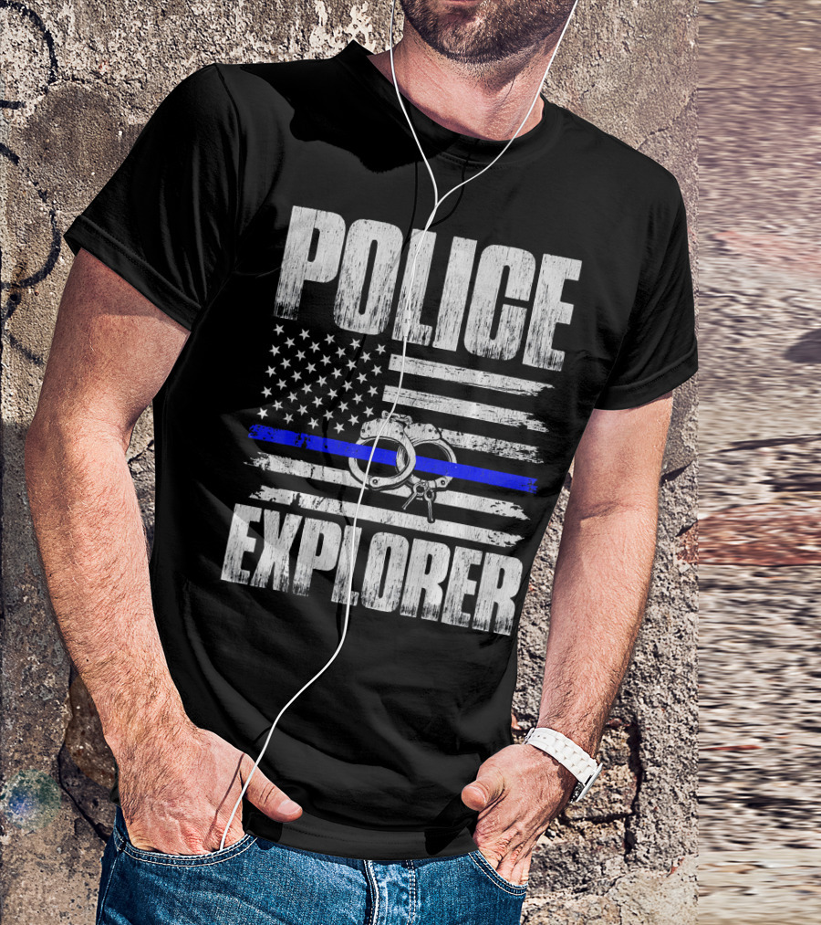 Police Explorer American Flag Handcuffs Thin Blue Line T-Shirt