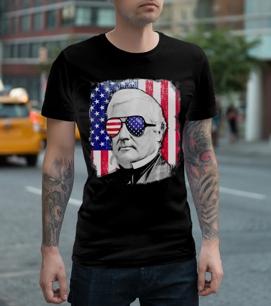 Millard Fillmore Portrait with American Flag Sunglasses and US Flag Background T-Shirt