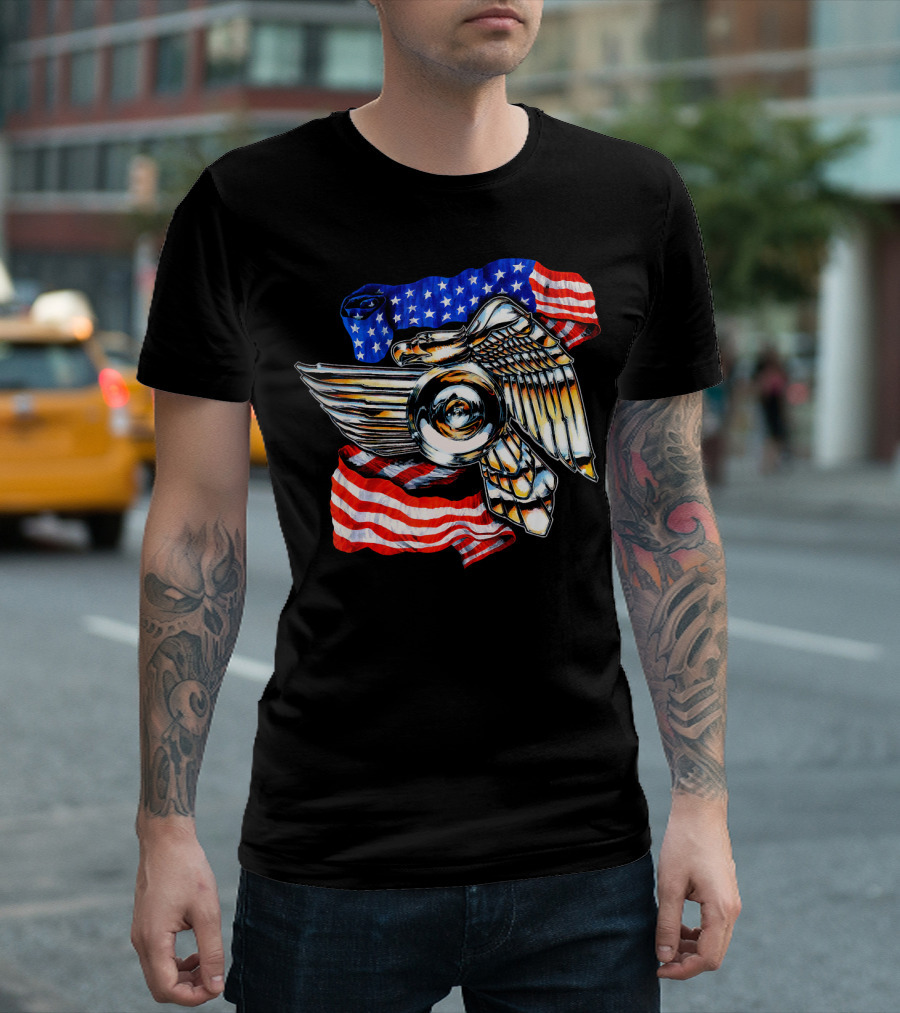 American Motorcycle Biker Eagle Emblem with Flag Wings T-Shirt