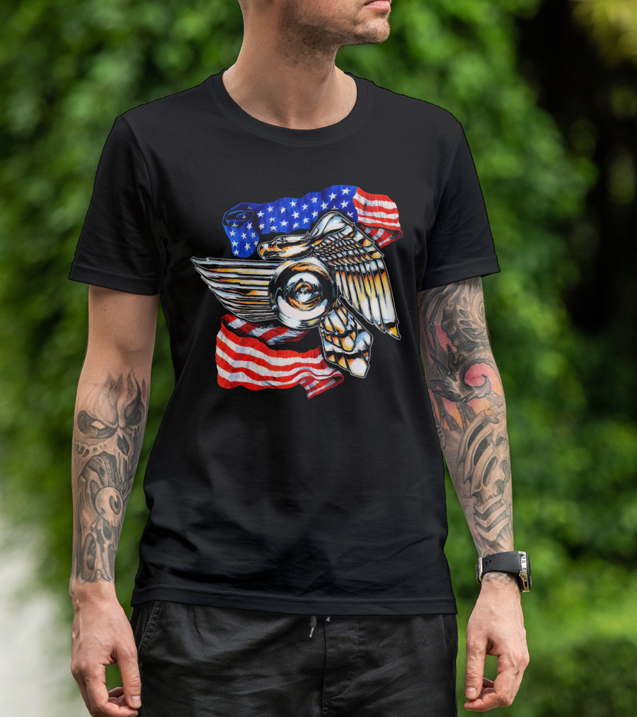 American Motorcycle Biker Eagle Emblem With Flag Wings T-Shirt