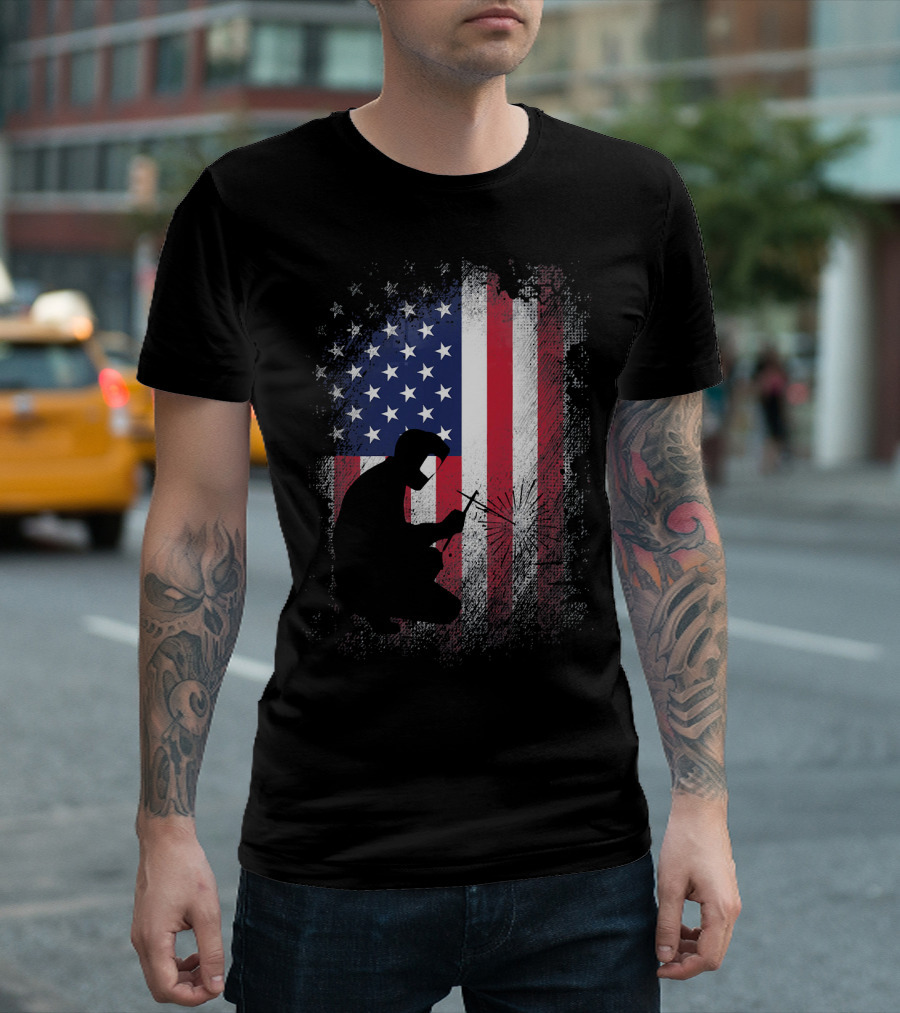 Welder Silhouette With American Flag USA Patriotic T-Shirt
