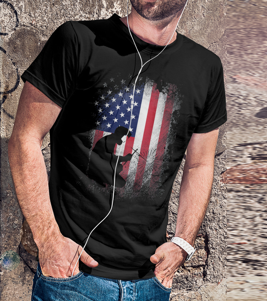 Welder Silhouette With American Flag USA Patriotic T-Shirt