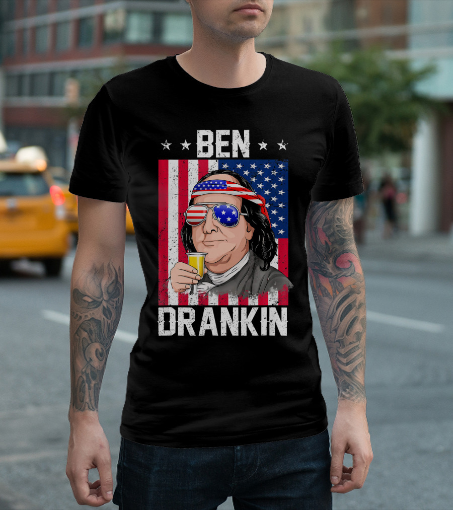 Ben Drankin American Flag Shades and Stars with Beer T-Shirt