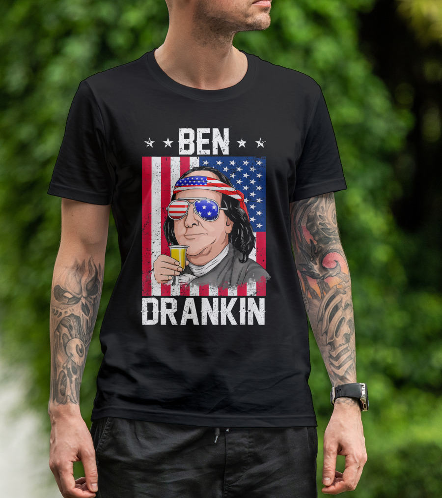 Ben Drankin American Flag Shades And Stars With Beer T-Shirt