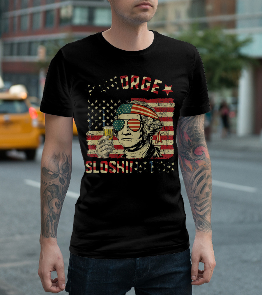 George Sloshington American Flag Aviator with Beer and Headband T-Shirt