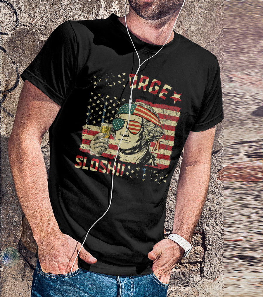 George Sloshington American Flag Aviator With Beer And Headband T-Shirt