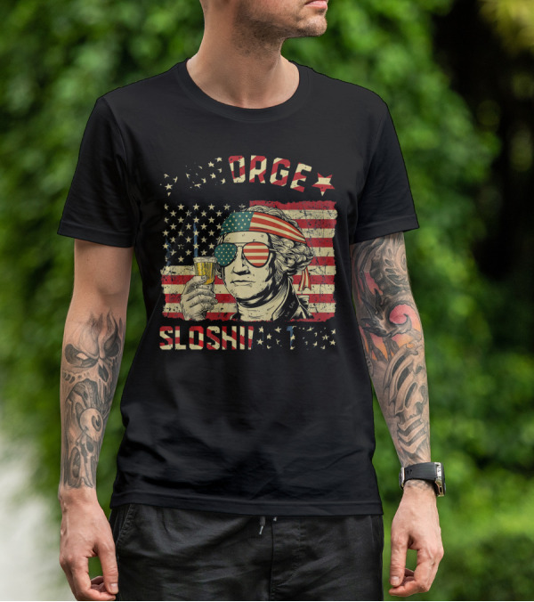 George Sloshington American Flag Aviator With Beer And Headband T-Shirt